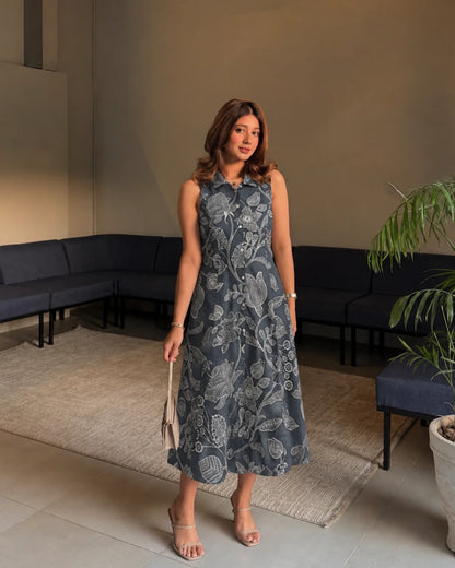 Floral Print Rayon Midi Dress with Collar Neck for Vacation Wear