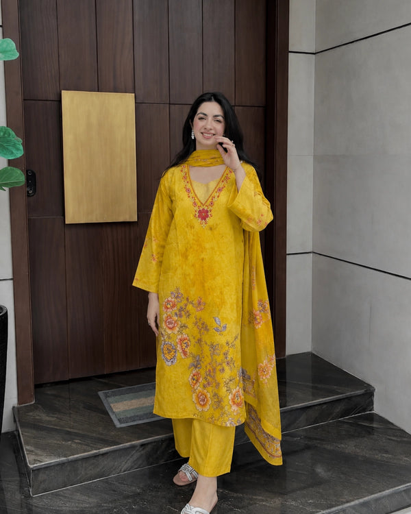 Mustard Floral Printed Rayon Kurta Pant Dupatta Set for Office Wear