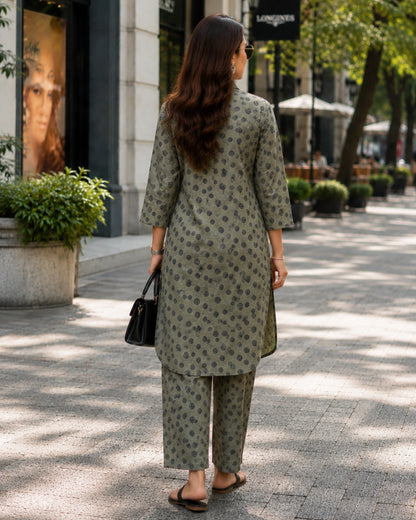 Block Print Rayon Co-ord Set with Collar Neck for Daily Wear