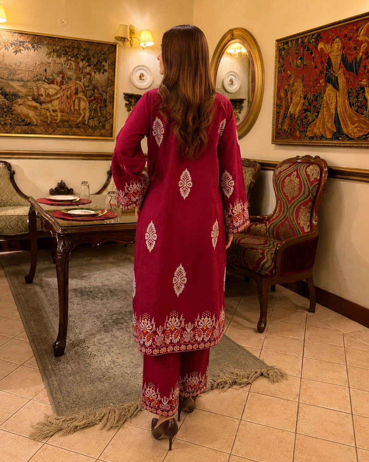 Maroon Paisley Muslin Co-Ord Set with Embroidered Yoke for Daily Wear