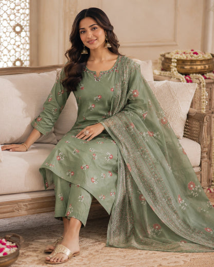 Sage Green Floral Print Cotton Kurta Pant Dupatta for Daily Wear