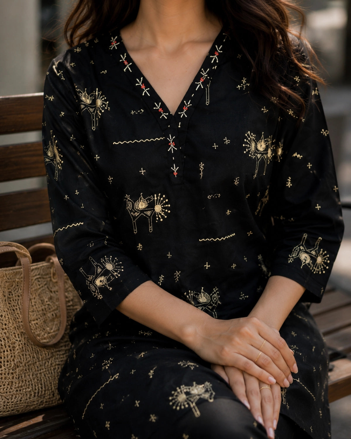 Warli Print Cotton Co-ord Set with V Neck for Daily Wear