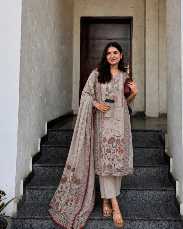 Khaki Floral Block Print Cotton Kurta Pant Dupatta Set for Office Wear
