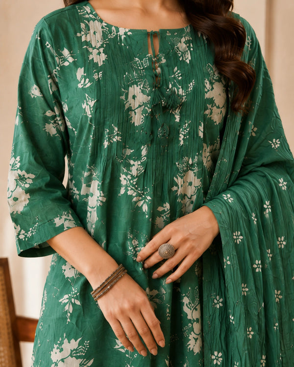 Bottle Green Floral Cotton Kurta Pant Dupatta for Daily Wear — image 3