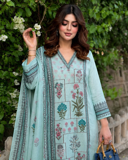 Mint Floral Block Print Cotton Kurta Pant Dupatta Set for Office Wear