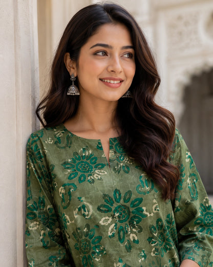 Green Floral Print Cotton Co-ord Set for Daily Wear