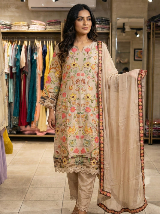 Vintage Beige Floral Embroidered Kurta Set with Scalloped Dupatta