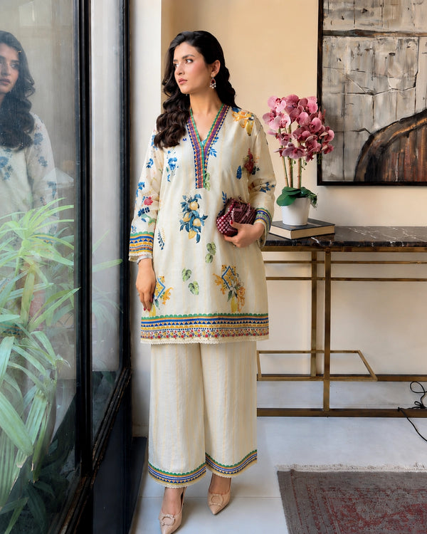 Ivory Lemon Floral Cotton Co-ord Set with Border for Vacation Wear