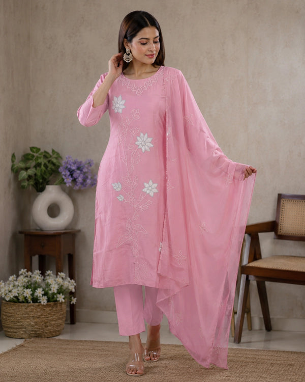 Pink Thread Embroidered Cotton Kurta Pant Dupatta Set for Daily Wear