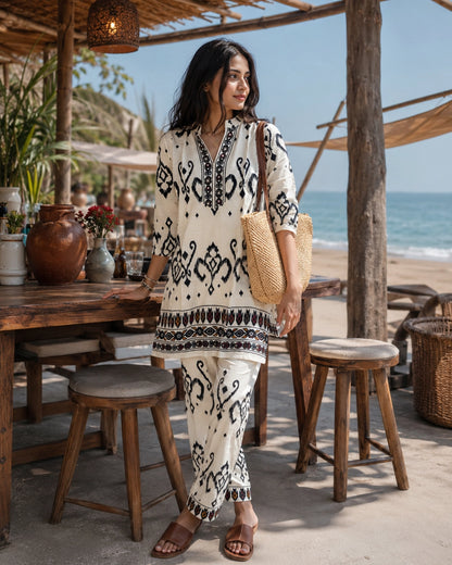 Ikat Print Rayon Co-ord Set with Notch Neck for Vacation Wear