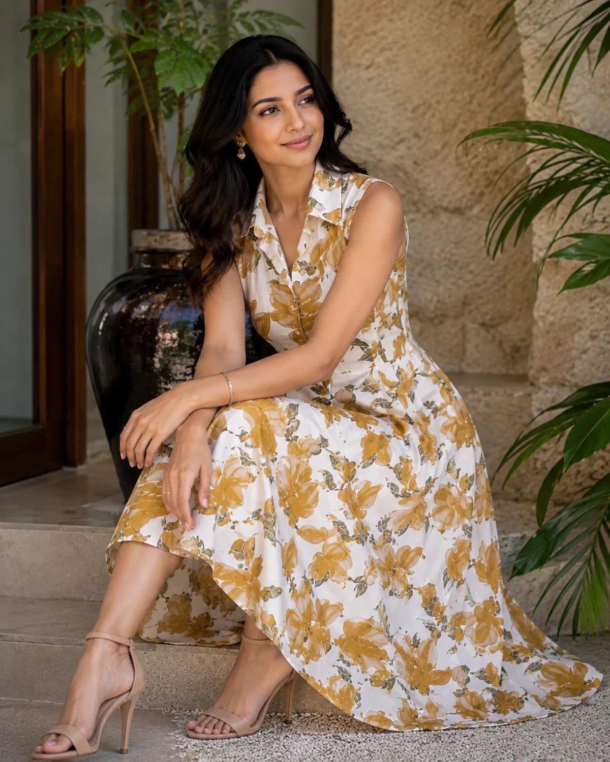 Floral Print Sleeveless Collared Rayon Midi Dress for Vacation