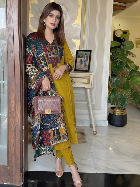 Vibrant Mustard Ethnic Kurta Pant Set with Printed Dupatta
