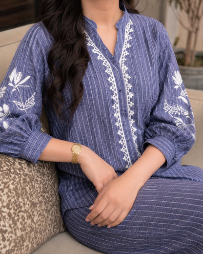 Thread Work Imported Co-ord Set with Mandarin Neck and Lace Trim for Vacation Wear