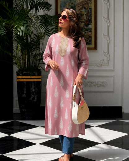Pink Paisley Print Cotton Kurta with Embroidered Yoke for Office Wear