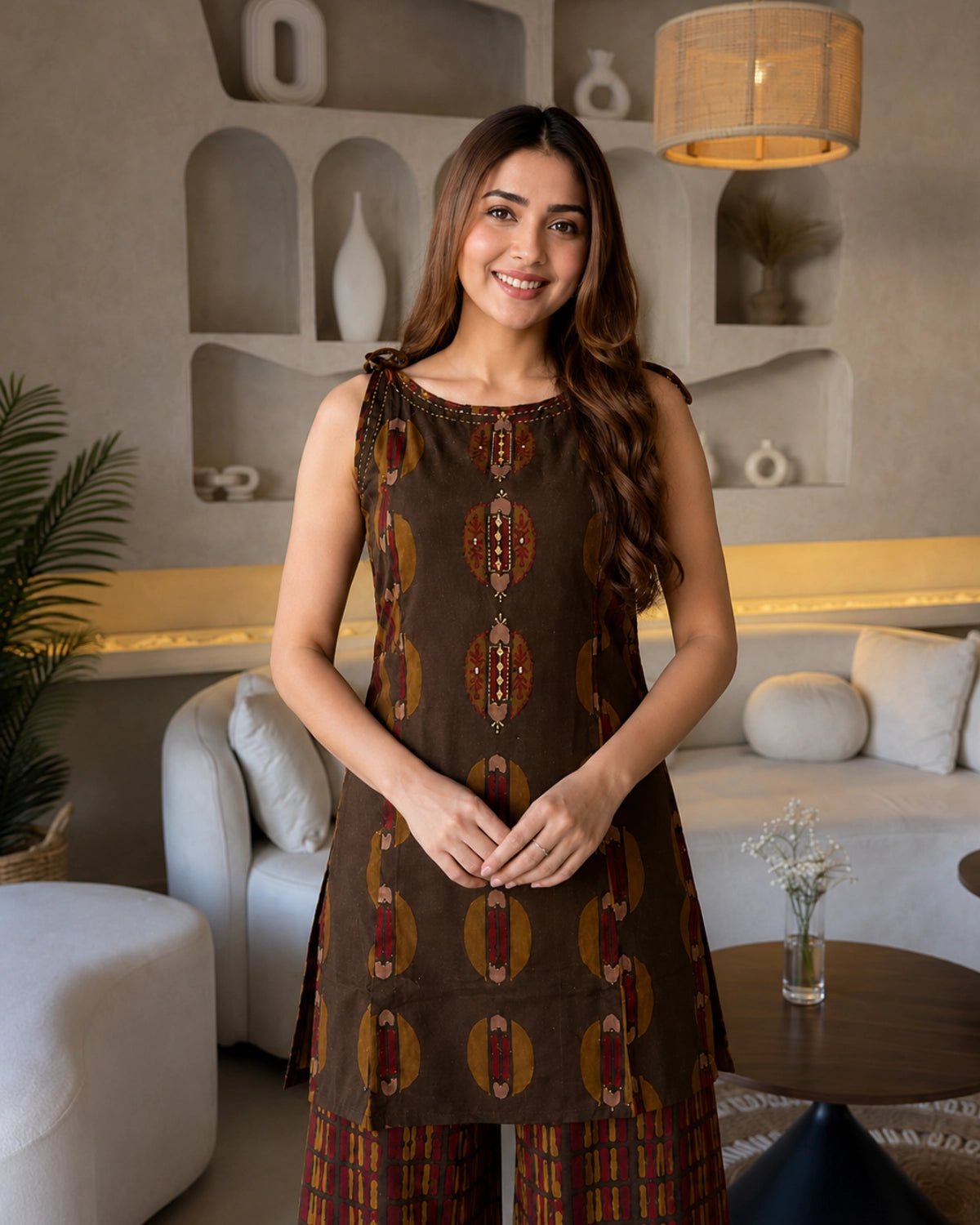 Brown Ajrakh Print Cotton Co-Ord Set with U-Neck for Daily Wear
