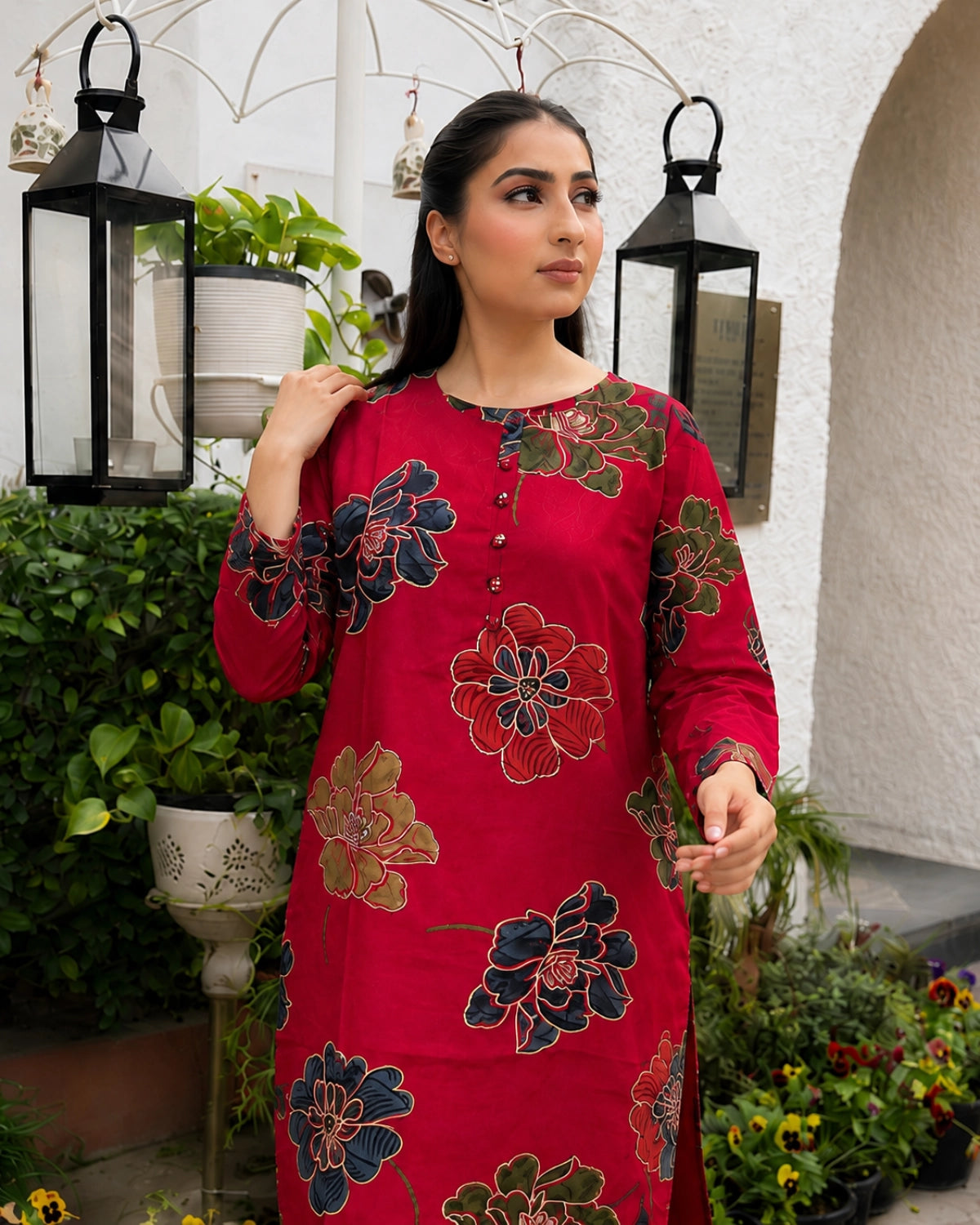 Floral Print Rayon Kurta Pant Set with Round Neck for Daily Wear