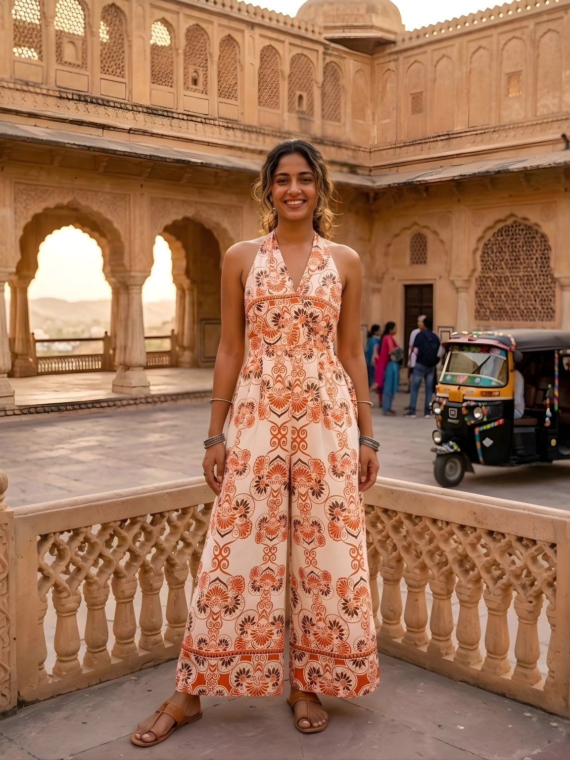 Off-White and Terracotta Heritage Print Halter Jumpsuit