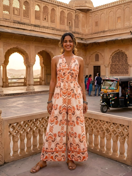 Off-White and Terracotta Heritage Print Halter Jumpsuit