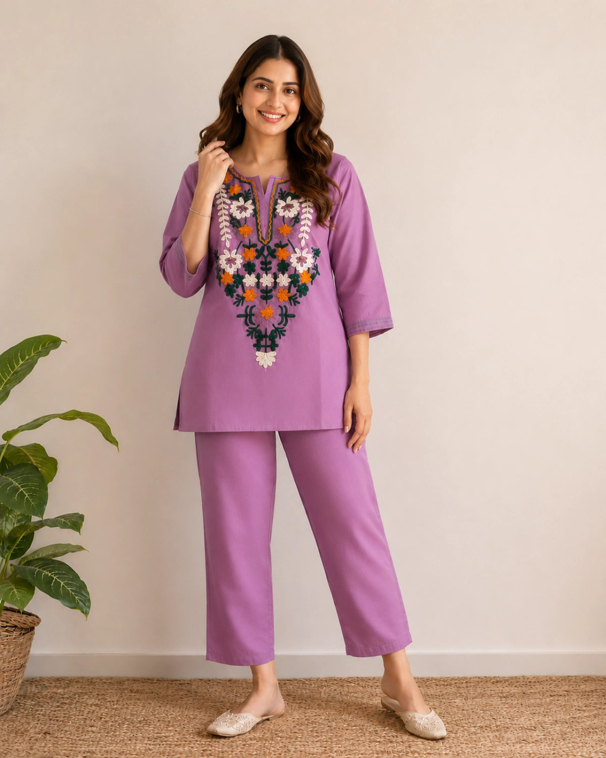Thread Work Round Neck Rayon Co-ord Set