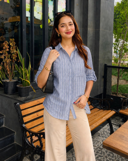 Striped Imported Shirt with Collar Neck and Full Sleeves for Office Wear