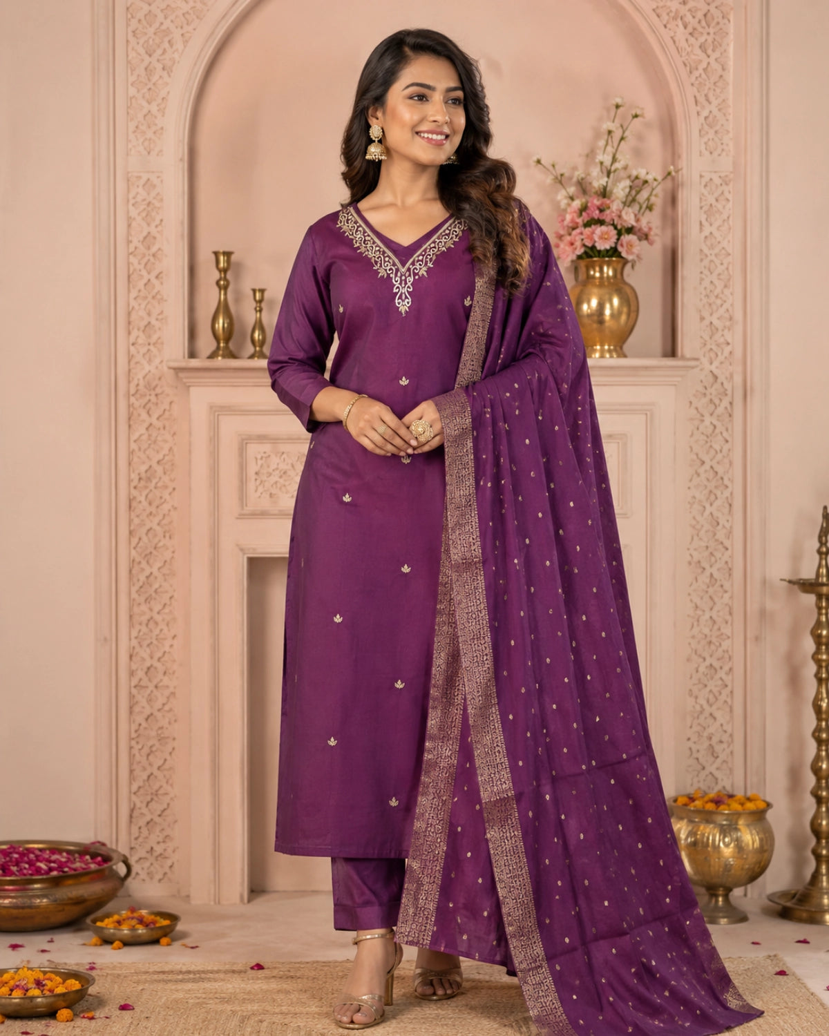 Wine Purple Thread Work Roman Silk Kurta Set for Festive Wear