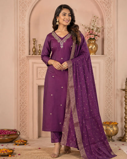 Wine Purple Thread Work Roman Silk Kurta Set for Festive Wear