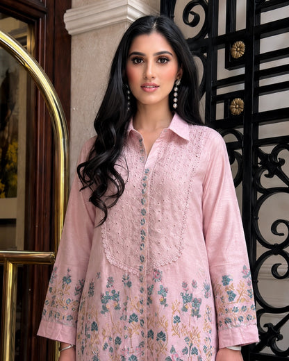 Pink Embroidered Cotton Co-ord Set with Mirror Work for Vacation Wear