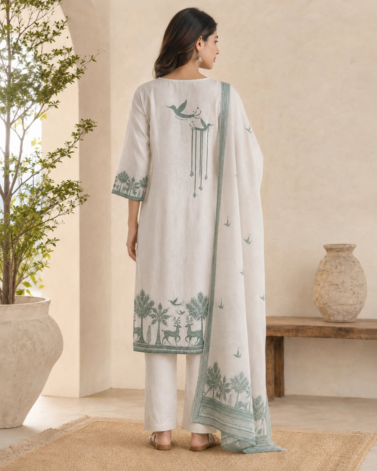 Off-White Warli Print Cotton Kurta Pant Dupatta for Daily Wear