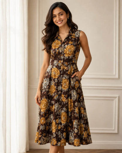 Floral Print Sleeveless Collared Rayon Midi Dress for Vacation