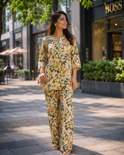 Cream Floral Print Cotton Co-ord Set for Daily Wear