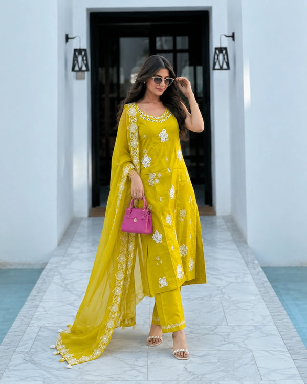 Lime Yellow Embroidered Cotton Kurta Pant Dupatta Set for Daily Wear