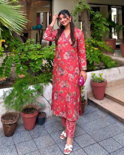 Coral Pink Floral Cotton Kurta Pant Set for Daily Wear