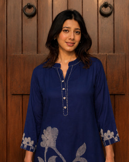 Navy Blue Kantha Work Cotton Kurta Pant Set for Daily Wear