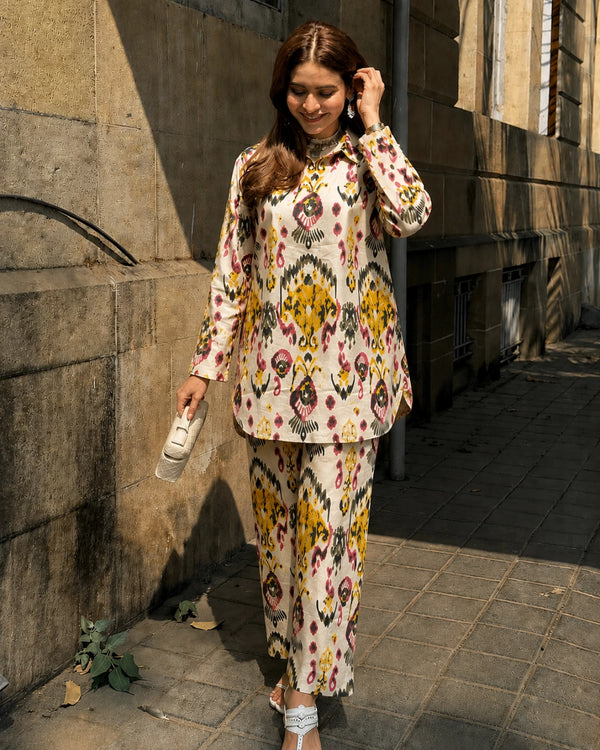 Cream Ikat Print Cotton Co-ord Set for Office and Vacation Wear