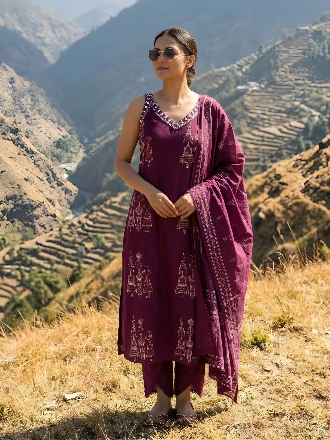 Deep Plum Tribal Print Sleeveless Kurta Set with Dupatta