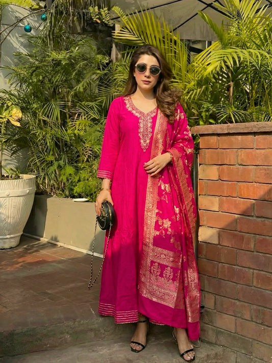 Hot Pink Embroidered Anarkali Set