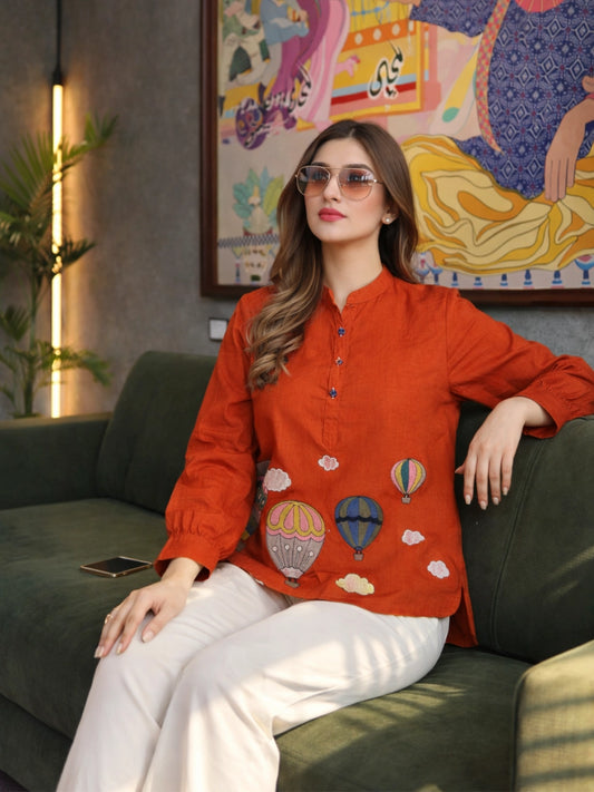 Rust Hot Air Balloon Appliqué Short Kurti