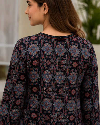 Navy Blue Ajrakh Print Cotton Kurta Pant Set for Daily Wear