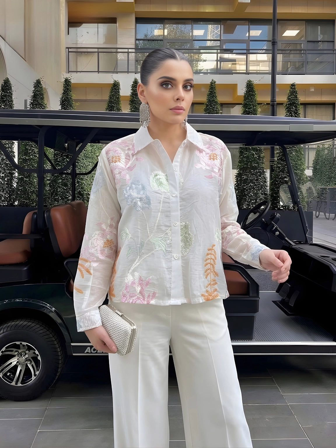 White Floral Embroidered Button-Down Top