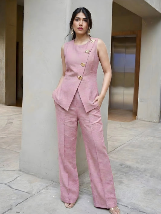 Dusty Rose Asymmetric Vest & Trouser Co-Ord Set