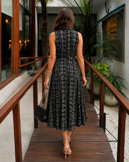 Black Printed Cotton Midi Dress with Collar Neck for Vacation Wear