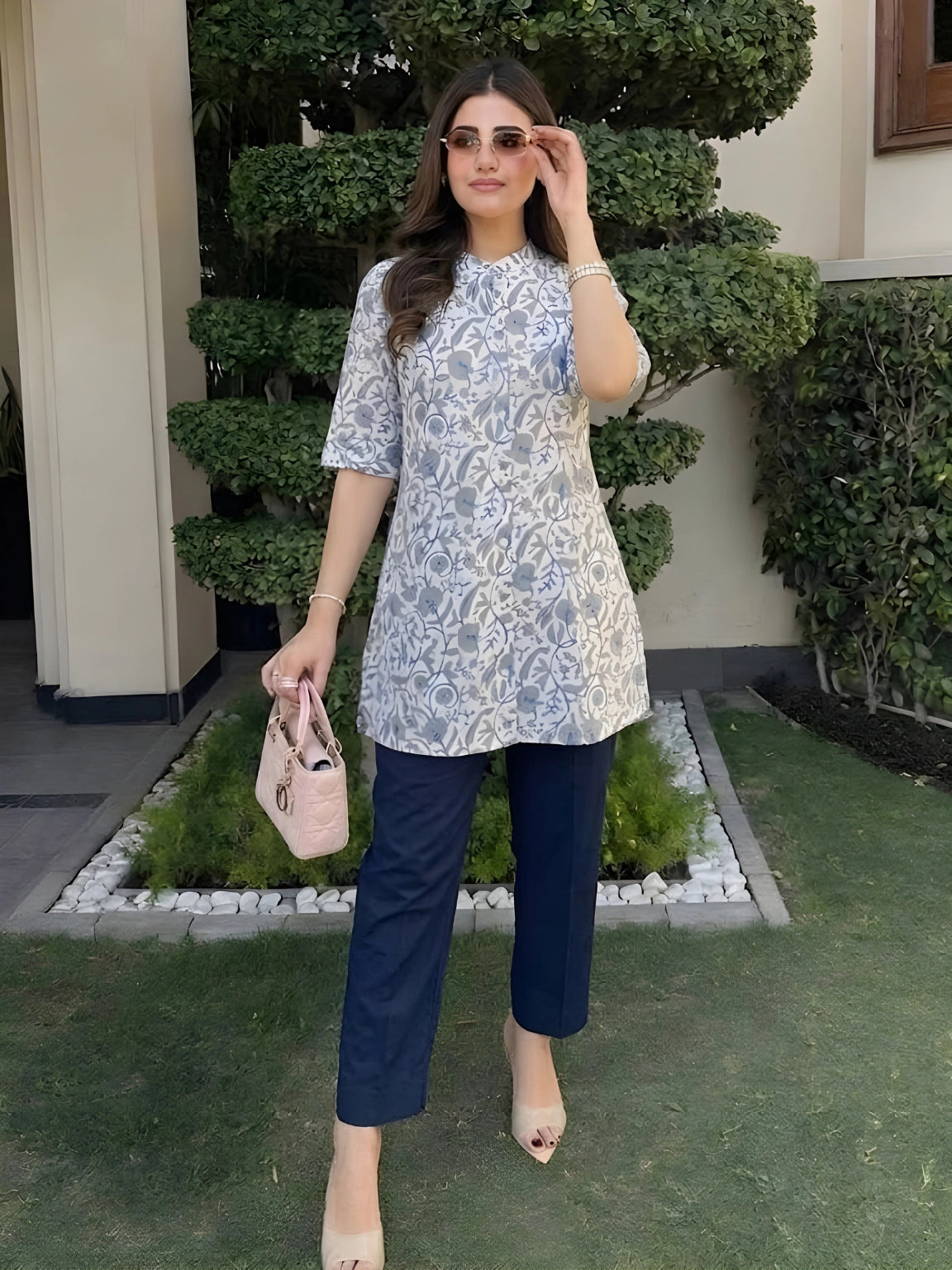 White and Navy Blue Floral Print Kurti
