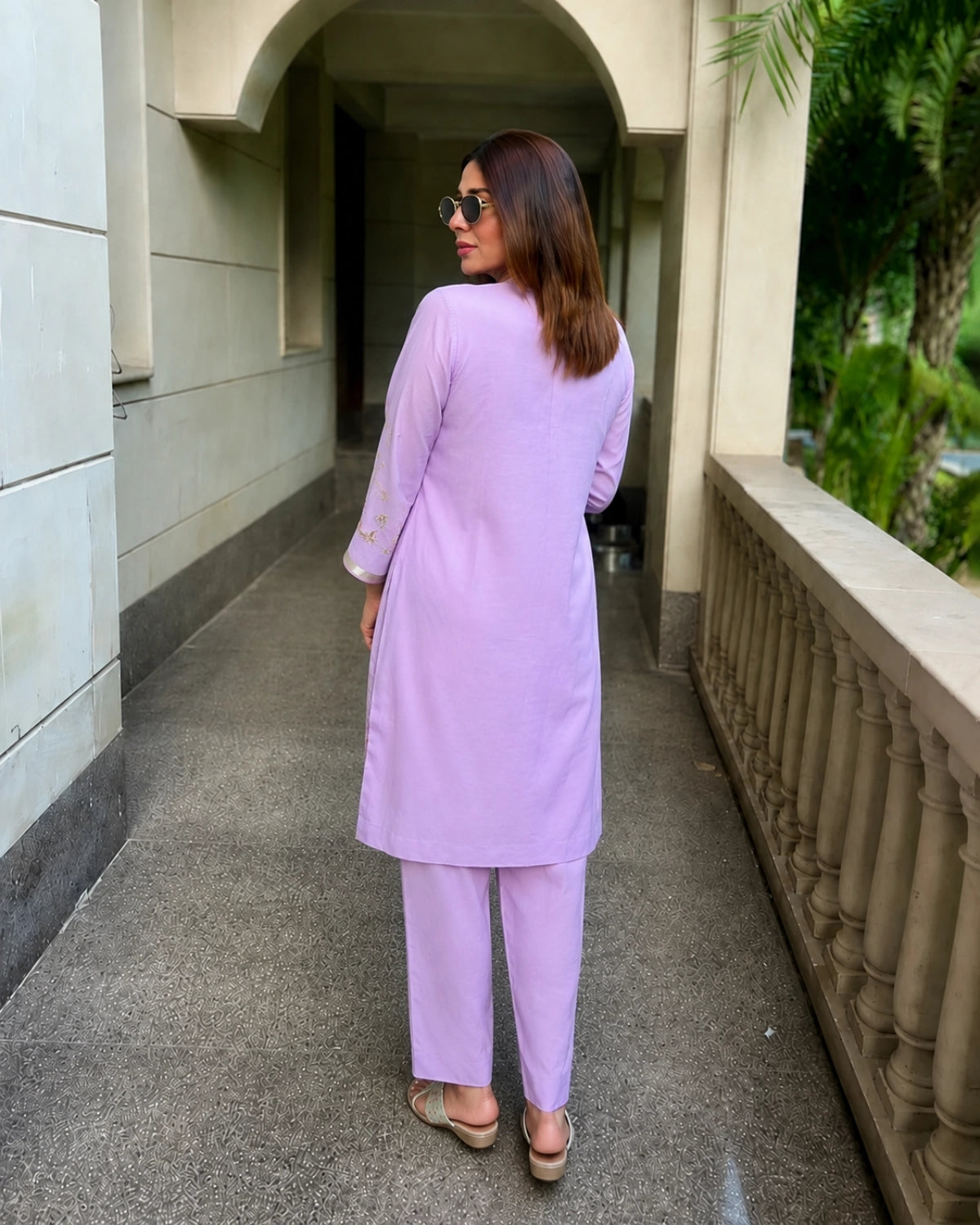 Lavender Embroidered Cotton Kurta Pant Set for Office Wear