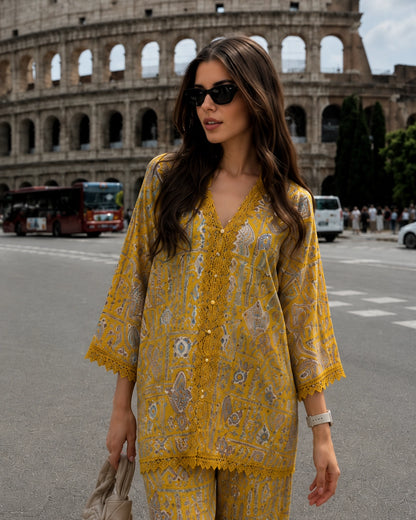 Mustard Paisley Print Cotton Co-ord Set with Lace Trim for Vacation Wear