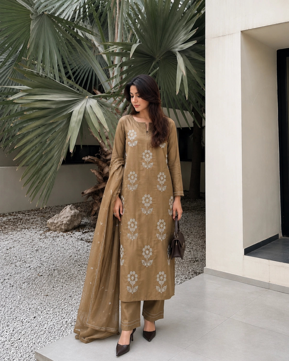 Olive Brown Thread Work Cotton Kurta Pant Dupatta for Daily Wear