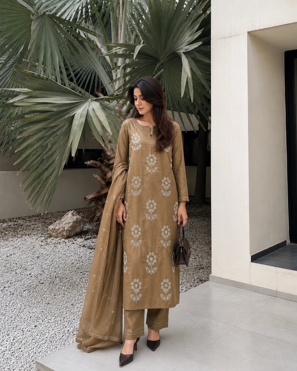 Olive Brown Thread Work Cotton Kurta Pant Dupatta for Daily Wear