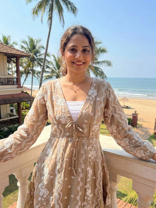 Embroidered V-Neck Flare Dress - Beige