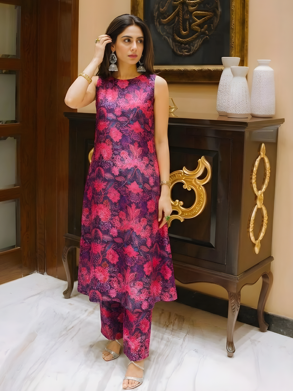 Vibrant Pink and Purple Floral Kurta Pant Set — image 1