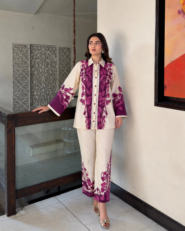 Ivory Magenta Floral Chiffon Co-Ord Set with Border for Vacation Wear