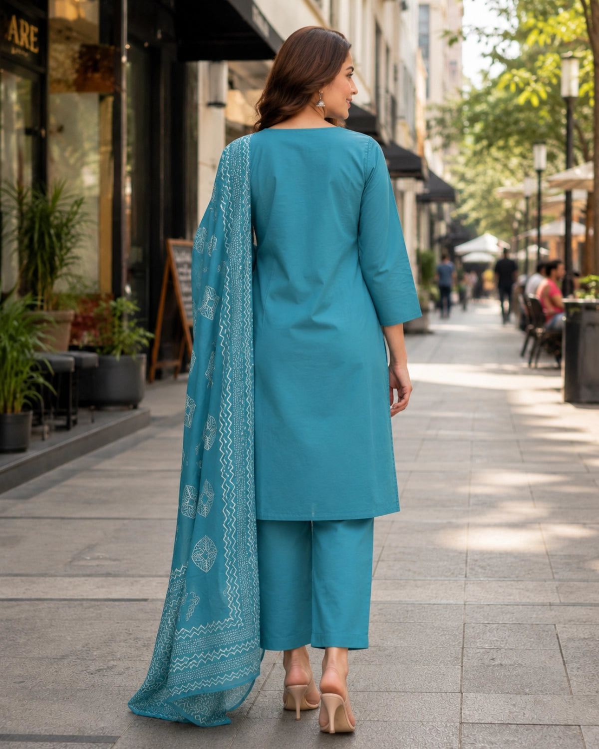Block Print Cotton Kurta Pant Dupatta with Round Neck for Daily Wear